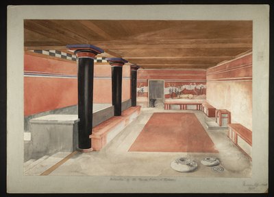 Pintura da Sala do Trono reimaginada do Palácio de Minos em Knossos (Desenho Evans Fresco B/4 a)) de Theodore Fyfe