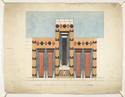 Pintura reimaginando o Santuário Central Tripartido no Tribunal Central do Palácio de Minos em Knossos (Evans Architectural Plans WW/15) de Theodore Fyfe