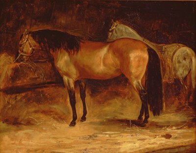 Um cavalo de baía em uma manjedoura, com um cavalo cinza em um tapete de Theodore Gericault