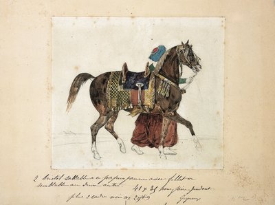 Um cavalo arreado conduzido por um mameluk, duas pirâmides no fundo (lápis e aguarela sobre papel) de Theodore Gericault