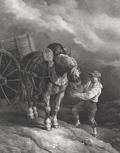 Menino alimentando um cavalo de carroça de um saco de nariz, 1822. de Theodore Gericault