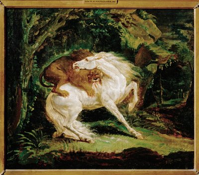 Cheval attaque par un lion - um cavalo atacado por um leão, segundo uma gravura de Laurie e uma pintura de George Stubbs ... de Theodore Gericault