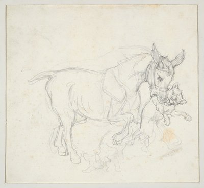 Burro a segurar um cão na boca (anverso); Estudo de veados perseguidos por cães, cabeça de corça (verso) de Theodore Gericault