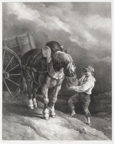 Rapaz a dar aveia a um cavalo atrelado (A Boy Giving Oats to a Hitched Horse) de Theodore Gericault