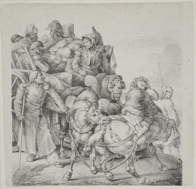 Carroça puxada por cavalos cheia de soldados feridos, litografia de C. Motte de Theodore Gericault