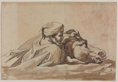 Homem agarrado a um cavalo na água, segundo "Dilúvio" de Poussin (frente), c. 1816 (caneta e tinta castanha e pincel e lavagem castanha sobre grafite) de Theodore Gericault
