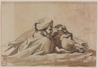 Homem segurando um cavalo na água, depois de Poussins Deluge reto, Compositional Studyverso, c. 18 de Theodore Gericault