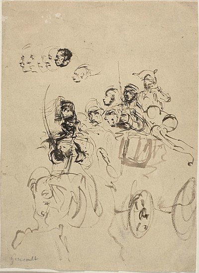 Carruagem do exército napoleónico com esboços de cabeças de Theodore Gericault