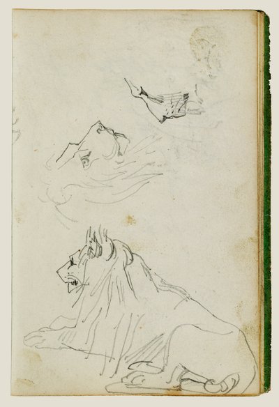 Leão sentado, dois esboços de cabeças de leão de Theodore Gericault