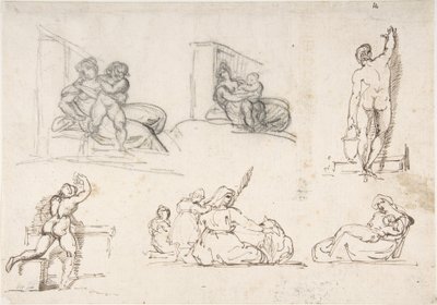 Seis estudos de figuras, incluindo quatro para «A Família Italiana Pobre» de Theodore Gericault
