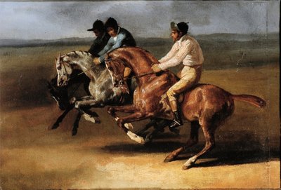 Início da corrida de cavalos com cavaleiros (Óleo sobre tela de Theodore Gericault