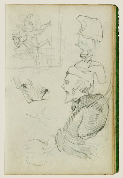 Estudos de leão, estudo de composição de figuras de grupo, dois estudos de cabeças caricaturais de Theodore Gericault