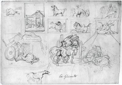 Estudo de cavalos (frente); Uma carroça seguida por um porta-cartaz (verso) de Theodore Gericault