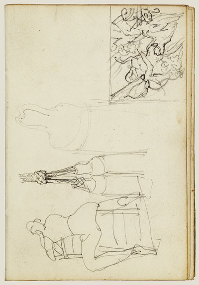 Franjas, figura sentada vista de costas para a cadeira, esboço em miniatura de «Chasseur em Ação» de Theodore Gericault