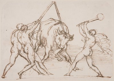 Três homens a provocar um touro de Theodore Gericault