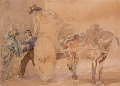 Três homens descarregando um carrinho (aquarela sobre traços de lápis sobre papel) de Theodore Gericault