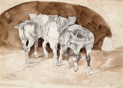 Três cavalos pesados em arreios (lavagem a lápis e sépia) de Theodore Gericault