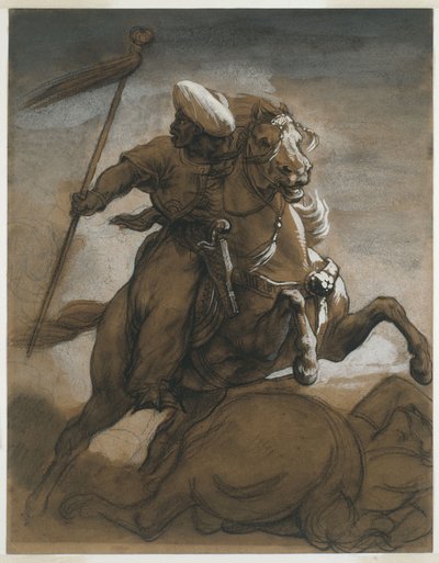 Cavaleiro Turco em Combate, c.1818 (lavagem castanha, aumentada com guache sobre papel) de Theodore Gericault