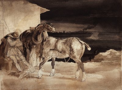 Dois cavalos e um noivo adormecido, c.1822-1823 de Theodore Gericault