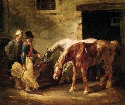 Dois cavalos de post na porta de um estábulo de Theodore Gericault