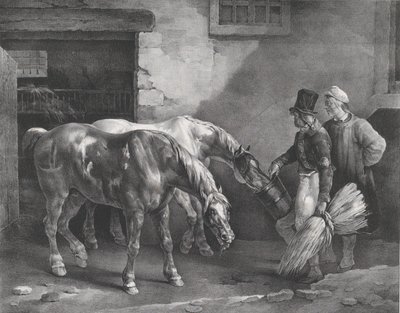 Dois cavalos de correio na porta de um estábulo, 1822. de Theodore Gericault