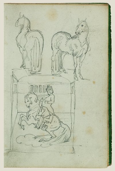 Dois cavalos em pé, um homem a montar um cavalo empinado de Theodore Gericault