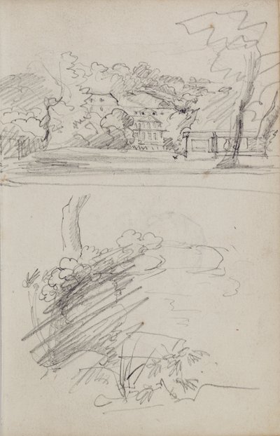Vista de uma casa de campo e estudos de arbustos e folhagem de Theodore Gericault