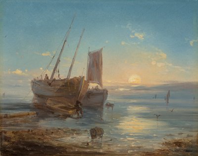Barcos na praia na maré baixa de Theodore Gudin