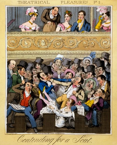 Contendendo por um Assento, placa 2 de &39;Prazeres Teatrais&39;, 1827 (gravura colorida à mão) de Theodore Lane