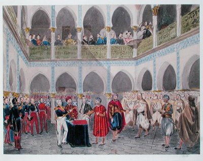 Investigação do Bey of Algiers pelo Conde Bertrand Clausel (1772-1842) 1835 (aguarela sobre papel) de Theodore Leblanc