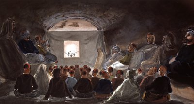 Espetáculo de marionetas numa escola na Argélia, c.1830 (aguarela) de Theodore Leblanc