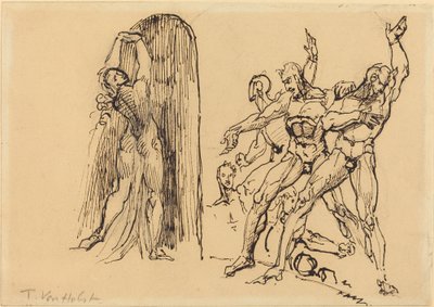 Cinco nus masculinos gesticulando enquanto uma mulher nua entra em um portal de Theodore M. von Holst