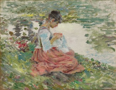 Costura da menina pelo rio, c.1891 de Theodore Robinson