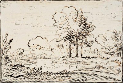Paisagem com três árvores altas por uma margem do rio de Theodore Rousseau