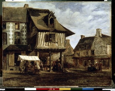 Mercado na Normandia (casas em estilo de meia-leca). Pintura por Theodore Rousseau (1812-1867). Óleo sobre madeira, 29,5 x 38 cm, ca. 1830. Art francaise de Barbizon. Museu Hermitage, São Petersburgo. de Theodore Rousseau