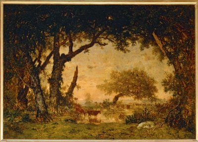 Saída da floresta em Fontainebleau, pôr do sol... de Theodore Rousseau
