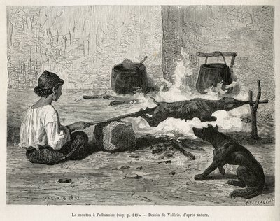 Um jovem montenegrino assando uma ovelha com o albanês, sentado em frente ao fogo e girando constantemente o pino de madeira. Gravura após o desenho de Valerio, para ilustrar a viagem à Dalmácia, de Charles Yriarte, em 1874, publicada em "Le tour du mon de Theodore Valerio