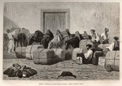 Quando as caravanas turcas chegam à Alfândega Sebenico (Sérvia), os viajantes comerciais descarregam os fardos da parte de trás dos camelos para verificar a quantidade e a natureza da mercadoria. Gravura após o desenho de Theodore Valerio, para ilustrar um de Theodore Valerio