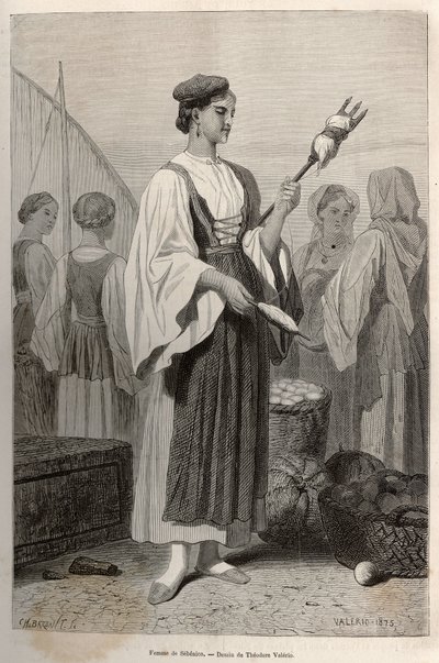 Mulher de Sebenico (Sérvia), usando fusos para fiar a lã, na praça do mercado. Gravura após o desenho de Theodore Valerio, para ilustrar uma história sobre a Dalmácia, de Charles Yriarte, em 1874, publicada em "Le tour du monde" 1876, editada por Edou de Theodore Valerio