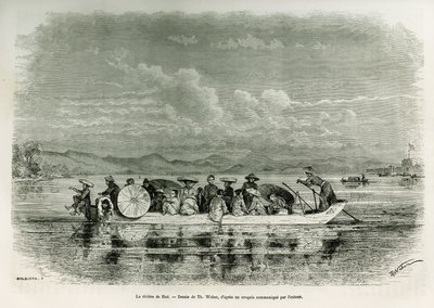 Um barco no rio Hue (Vietname), desenhado por Th. Weber, para ilustrar a história de oito dias de embaixada em Hue (Reino de Annam), em 1875, pelo Sr. Brossard de Corbigny, tenente (N), ligado à missão. Gravação em Le tour du monde de Theodore Weber