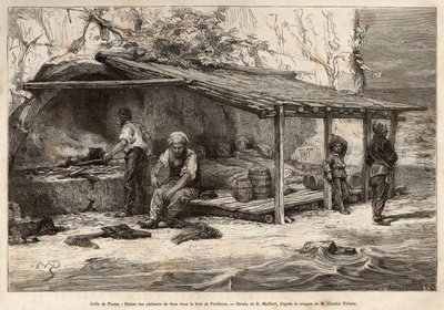 Uma pousada de pesca de atum na baía de Proelucca, Golfo de Fiume (ou Rijeka, Ístria), três dos pescadores ainda estão dormindo, embrulhados em cobertores, outro irá equipar e substituir o vigia, outro irá preparar a cozinha e o musgo vagueia ao pé do de Theodore Weber