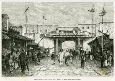 Canton Street Gate em Hanoi. Gravação de Th. Weber, a partir de uma fotografia, para ilustrar a história Trente mois au Tonkin em 1884, do Doutor Hocquard, no tour du monde 1889, sob a direção de Edouard Charton (1807-1890), Hachette, Paris. de Theodore Weber