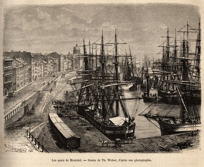 Les quais de Montreal, gravura após um desenho de Th. Weber, ilustrando a excursão ao Canadá e a Riviere Rouge du nord, de H. De Lamotte, em 1873, publicado em "Le tour du monde" 1875, editado por Edouard Charton, edição Hachette, Paris. Selv de Theodore Weber