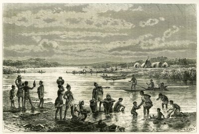A vida nas margens do rio Zambeze, os marutses estão muito preocupados com a sua limpeza e a lavagem para eles é uma actividade de primeira necessidade. Gravação de Th. Weber, para ilustrar a história "Au pays des Marutses", em 1875-1879, do Dr. Emile Holu de Theodore Weber