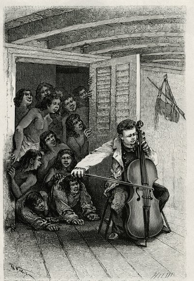 Retrato do autor viajante, tocando violoncelo e atraindo um público de curiosos. Gravura de Th.Weber, para ilustrar a história "Les Iles Wallis", do Dr. Emile Deschamps, médico major da 80ª infantaria. Publicado em Le Tour du monde, nou de Theodore Weber