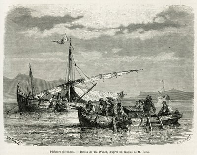 Pescadores espongiformes no Golfo de Nafplio, desenho de Th. Weber, para ilustrar a história de uma viagem à Grécia em 1861.1868 e 1874, de Henri Belle. Gravura em Le tour du monde de Theodore Weber