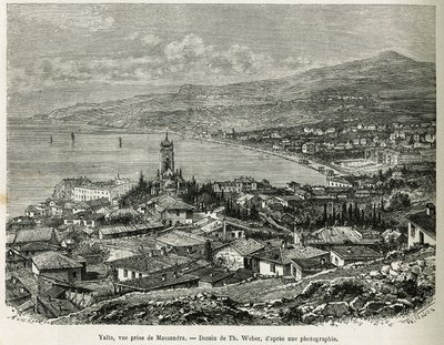 A cidade de Ialta, tomada de Massandra, desenho de Th.Weber, para ilustrar a história Quatro Meses na Rússia, em 1876, de F. De Mely. Gravura em Le tour du monde de Theodore Weber