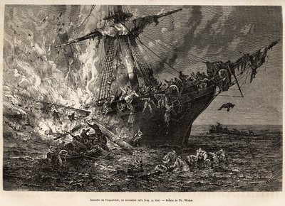 O incêndio do Cospatrick, um navio britânico que transportava mais de 400 emigrantes para a Nova Zelândia, em 19 de Novembro de 1874, gravado após um desenho de T. Weber, ilustrando o estudo das tempestades e viagens, pelo Sr. Zurcher e Sr. Margolle, em 18 de Theodore Weber