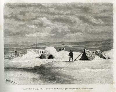 O observatório meteorológico foi instalado na baía de Koljutschin (círculo polar), enquanto o navio La Vega foi apanhado no gelo e a tripulação se preparava para a invernada. Gravado por Th.Weber, para ilustrar a história "Viagem do Vega pela Ásia a de Theodore Weber