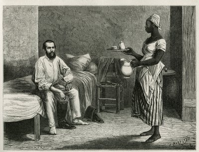 Retrato do autor e viajante, ao despertar, sendo servido o café em seu quarto por uma jovem haitiana, gravada por T.Wust, para ilustrar a história La republique d